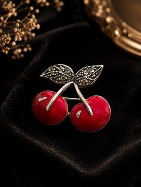 Vintage Sterling Silver 925 Marcasite Cherry Brooch Pin